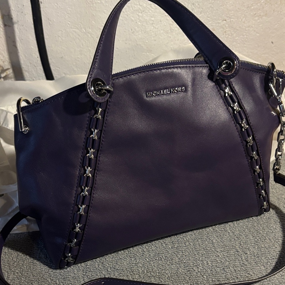 Michael Kors Deep Purple Leather Satchel with Silver Hardware